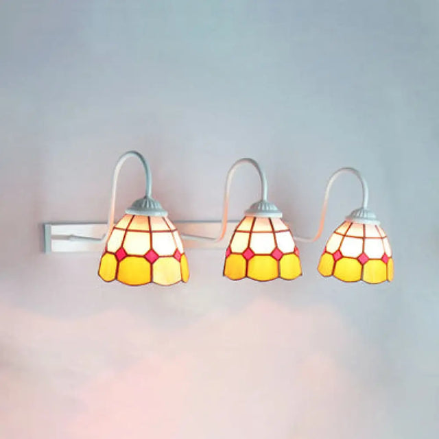 Modern Yellow Glass Grid Pattern Wall Mount Vanity Light With 3 White Heads