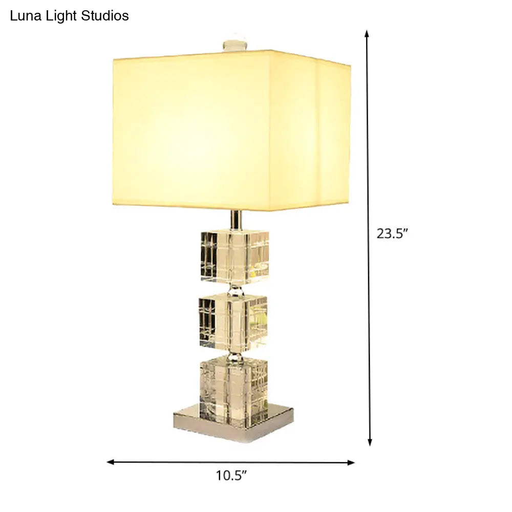 Modernism Small Beige Desk Lamp: Cuboid Fabric Task Lighting With Hand-Cut Crystal