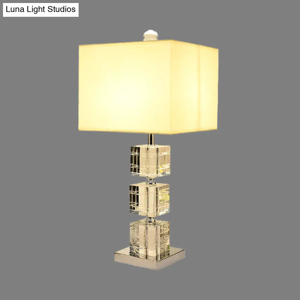 Modernism Small Beige Desk Lamp: Cuboid Fabric Task Lighting With Hand-Cut Crystal