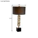 Modernist 1-Light Brown Desk Lamp With Cube Marble Base - Drum Fabric Table Lighting