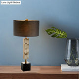 Modernist 1-Light Brown Desk Lamp With Cube Marble Base - Drum Fabric Table Lighting