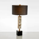 Modernist 1-Light Brown Desk Lamp With Cube Marble Base - Drum Fabric Table Lighting