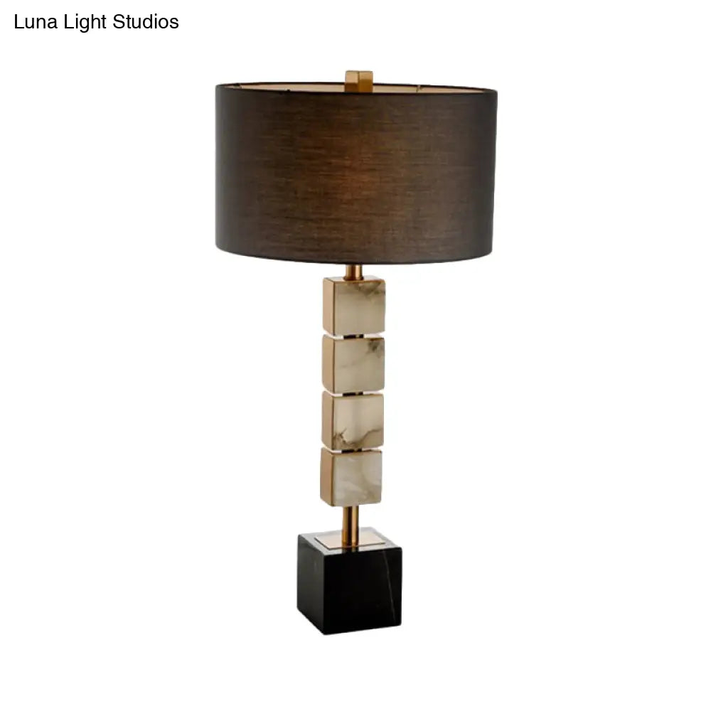 Modernist 1-Light Brown Desk Lamp With Cube Marble Base - Drum Fabric Table Lighting
