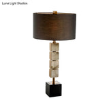 Modernist 1-Light Brown Desk Lamp With Cube Marble Base - Drum Fabric Table Lighting