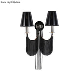 Modernist 2-Light Plastic Cone Shade Wall Sconce With Aluminum Tassel In Black/Silver