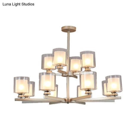 Modernist 2-Tier White Glass Chandelier With Radial Design - 12 Lights: Black/Gold/Silver Hanging