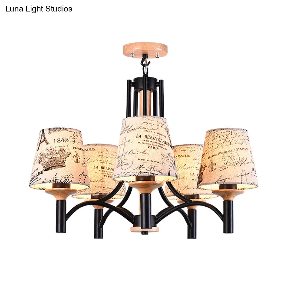 Modernist 5 - Head Patterned Fabric Semi - Flush Mount Lamp In Black Barrel Design