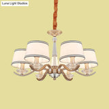 Modernist 6-Light Fabric Barrel Ceiling Chandelier With Crystal Bobeche - Bedroom Suspension Lamp