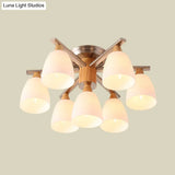 Modernist 7-Light Semi Flush Chrome And Wood Cup Ceiling Lamp With Opal Glass Shade