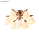 Modernist 7-Light Semi Flush Chrome And Wood Cup Ceiling Lamp With Opal Glass Shade