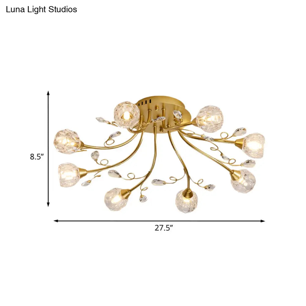 Modernist 8-Light Gold Crystal Globe Semi-Flush Lighting: Led Restaurant Ceiling Lamp