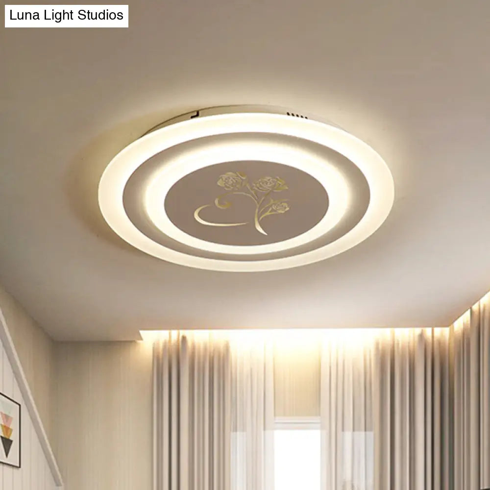 Modernist Acrylic Circle Flush Led Ceiling Light With Rose Pattern - White Mounted