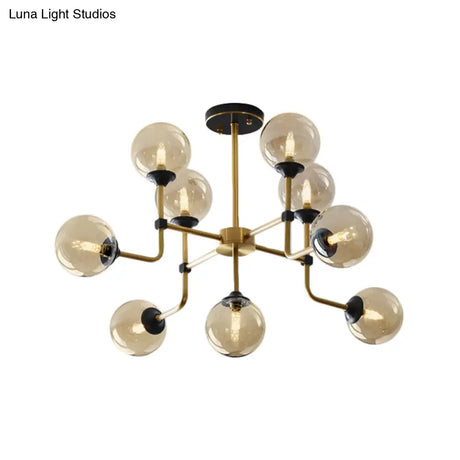 Modernist Amber Glass Globe Semi Flush Ceiling Mount Light Fixture (9/13 Bulbs) In Brass