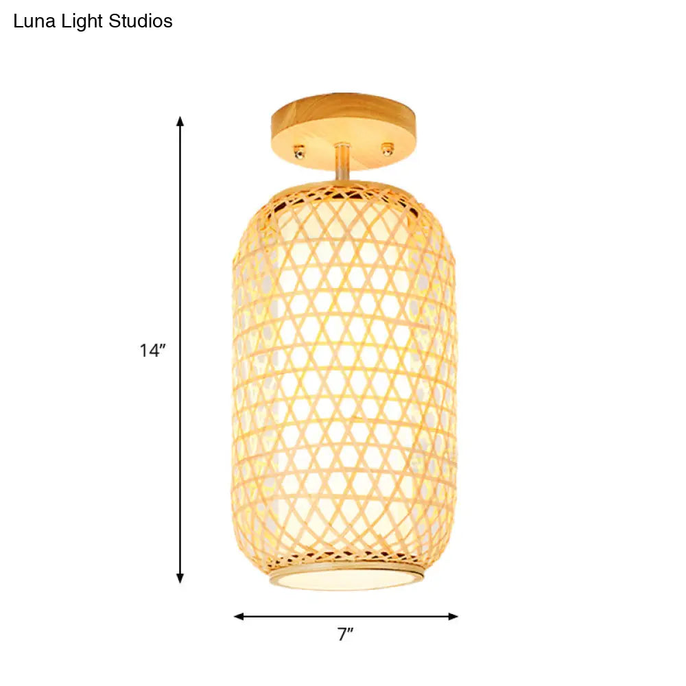 Modernist Bamboo Ceiling Mounted Semi Flush Light Fixture For Living Room - Wood Finish