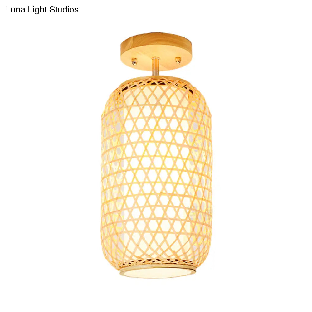 Modernist Bamboo Ceiling Mounted Semi Flush Light Fixture For Living Room - Wood Finish