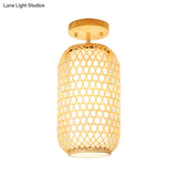 Modernist Bamboo Ceiling Mounted Semi Flush Light Fixture For Living Room - Wood Finish