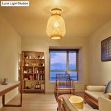 Modernist Bamboo Ceiling Mounted Semi Flush Light Fixture For Living Room - Wood Finish