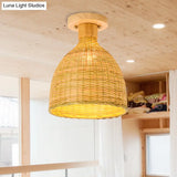Modernist Bamboo Ceiling Mounted Semi Flush Light Fixture For Living Room - Wood Finish