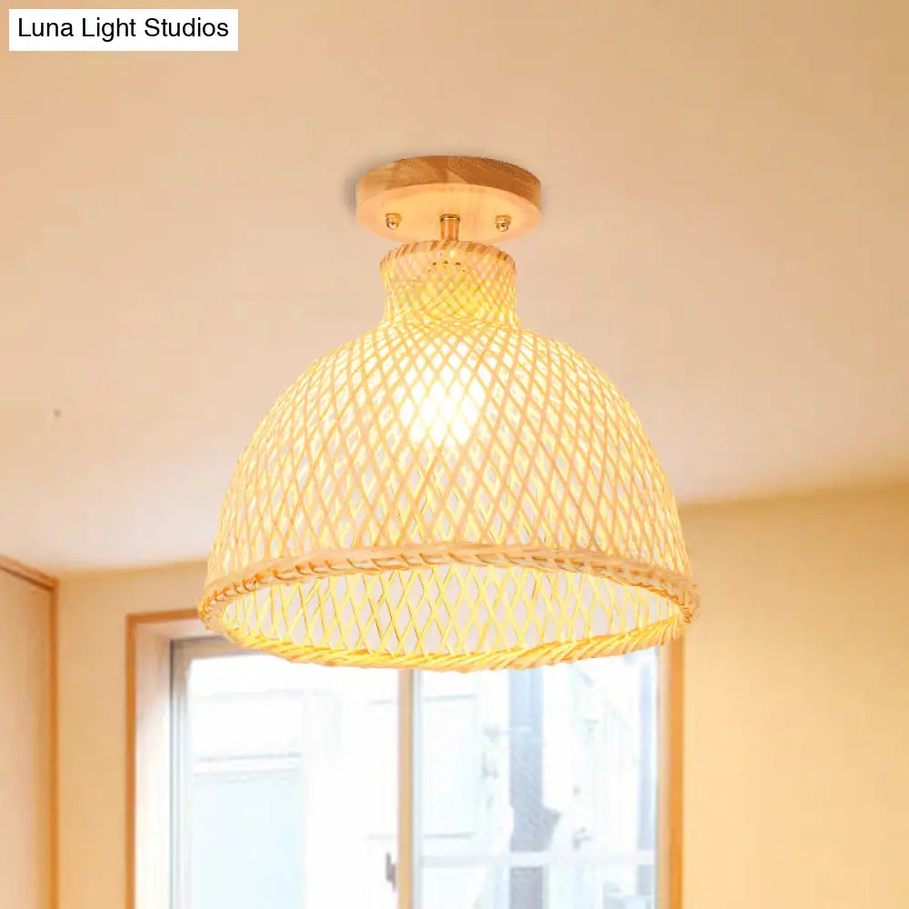 Modernist Bamboo Ceiling Mounted Semi Flush Light Fixture For Living Room - Wood Finish