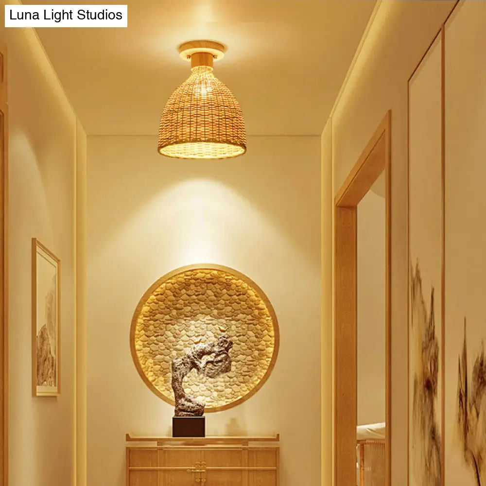 Modernist Bamboo Ceiling Mounted Semi Flush Light Fixture For Living Room - Wood Finish