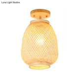 Modernist Bamboo Ceiling Mounted Semi Flush Light Fixture For Living Room - Wood Finish