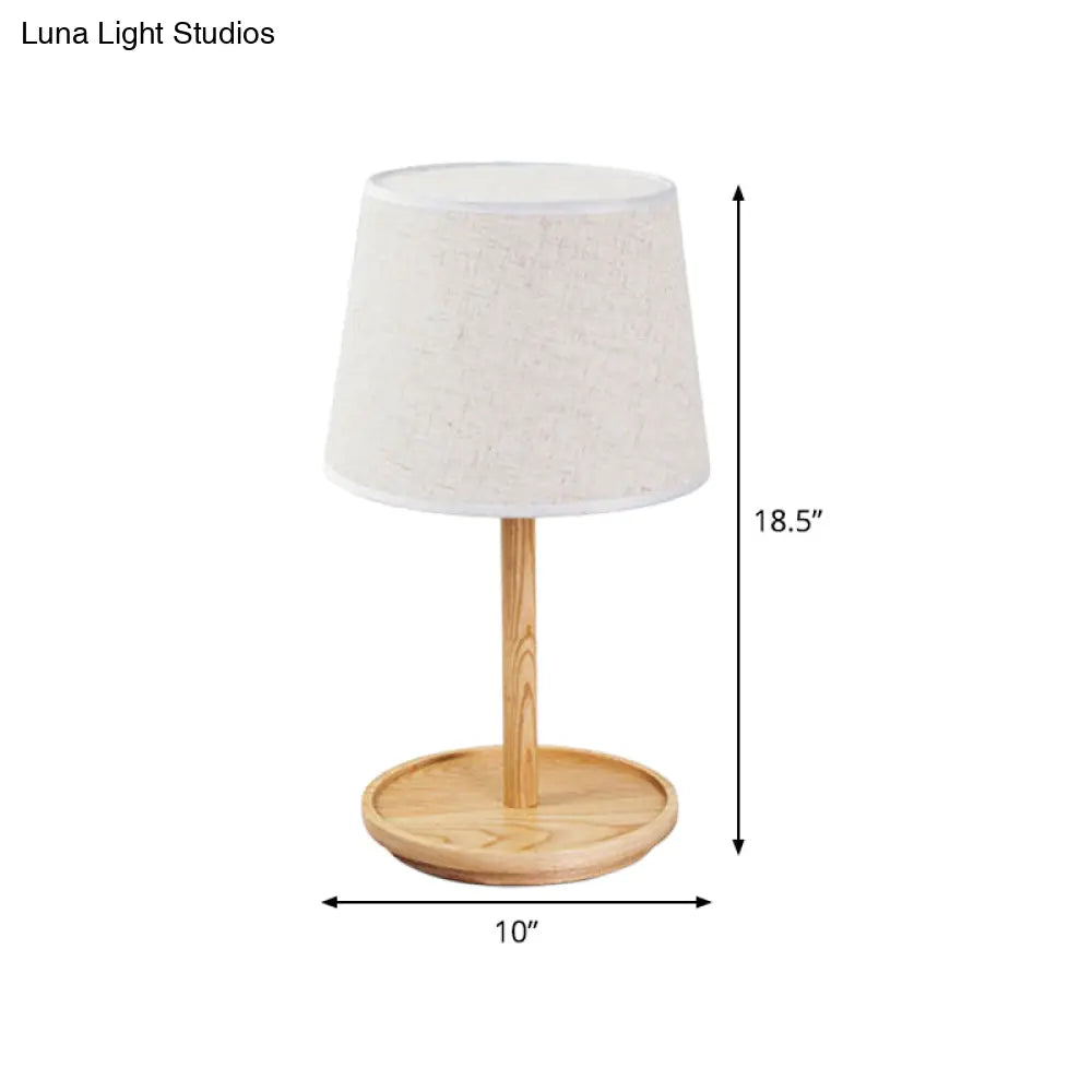 Modernist Barrel Task Lamp: 1-Bulb White Table Light With Beige Wood Base