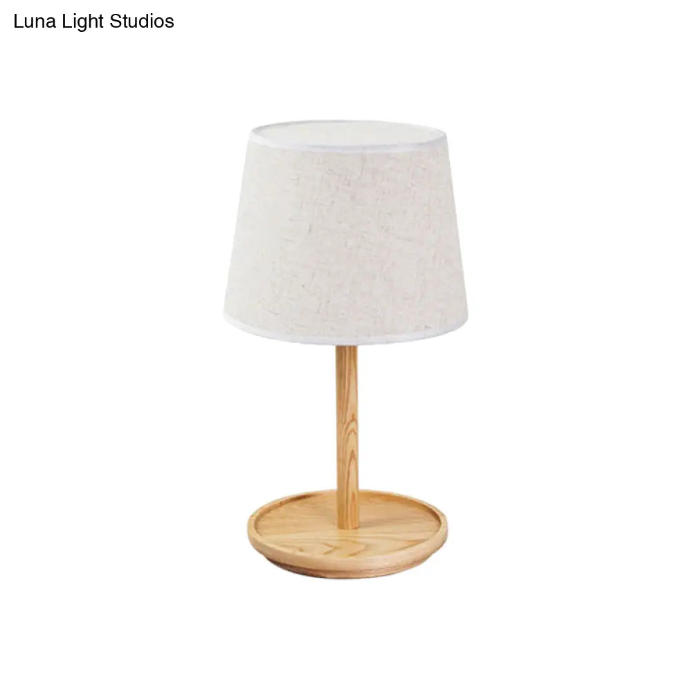 Modernist Barrel Task Lamp: 1-Bulb White Table Light With Beige Wood Base