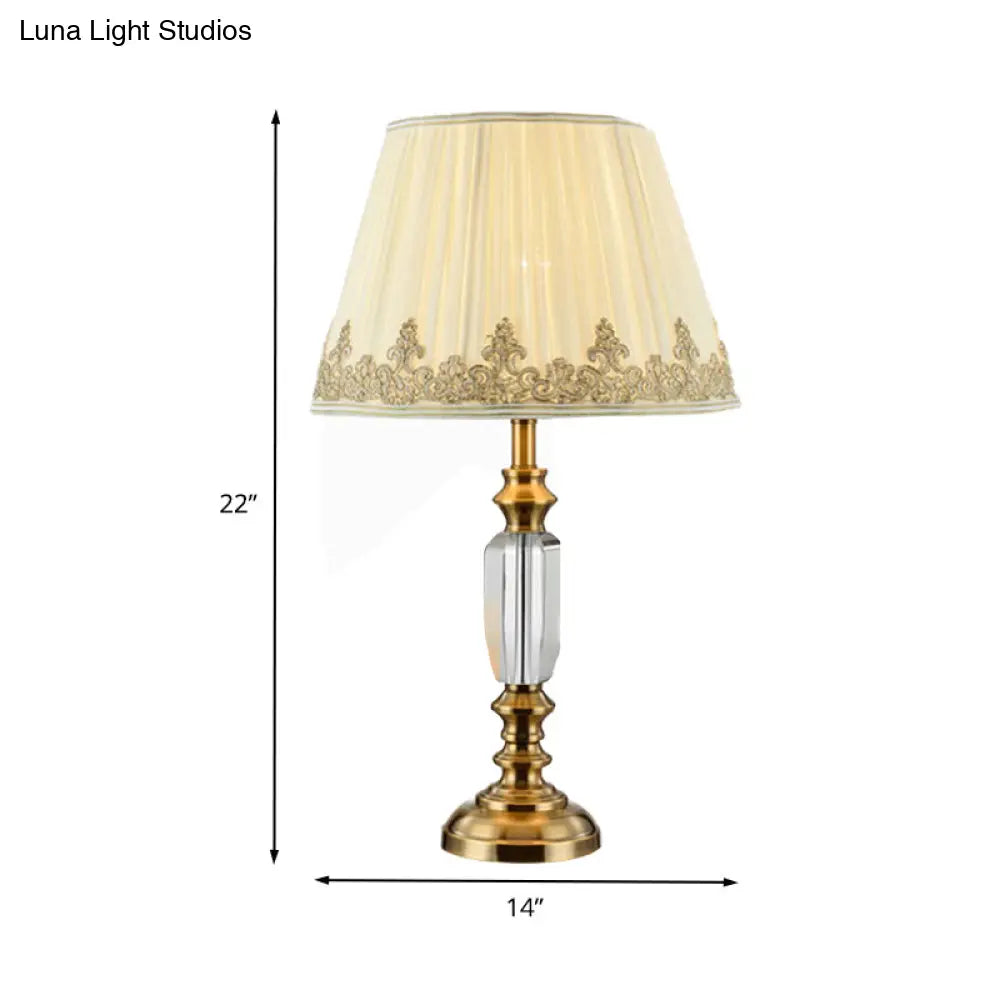 Modernist Beige Flare Desk Light: 1-Bulb Fabric Night Table Lamp With Metallic Base