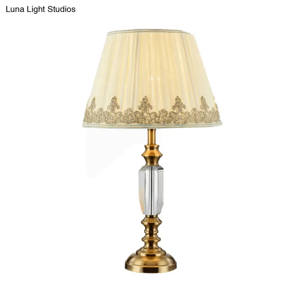 Modernist Beige Flare Desk Light: 1-Bulb Fabric Night Table Lamp With Metallic Base