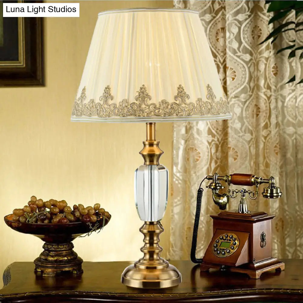 Modernist Beige Flare Desk Light: 1-Bulb Fabric Night Table Lamp With Metallic Base