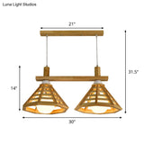 Modernist Beige Polygon Cage Pendant Lamp With Wood Shade - 2 Bulb Hanging Light