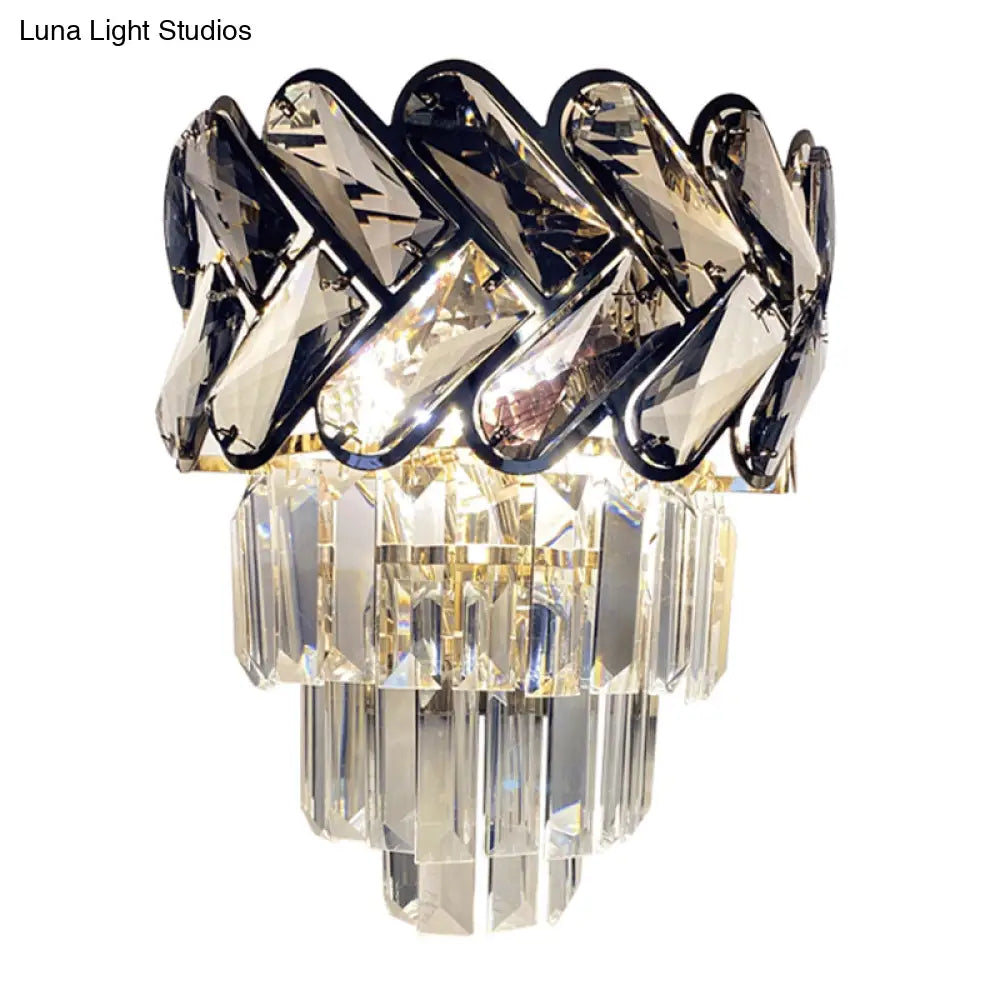 Modernist Black Crystal Flush Wall Sconce With 2 Lights - Elegant Family Room Light Fixture