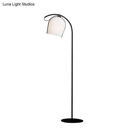Modernist Black Finish Stand Up Floor Lamp With White Ribbed Glass