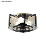 Modernist Black Glass Round Flushmount - Clear Trellis/Stripe 3 Bulbs Bedroom Flush Mounted Light