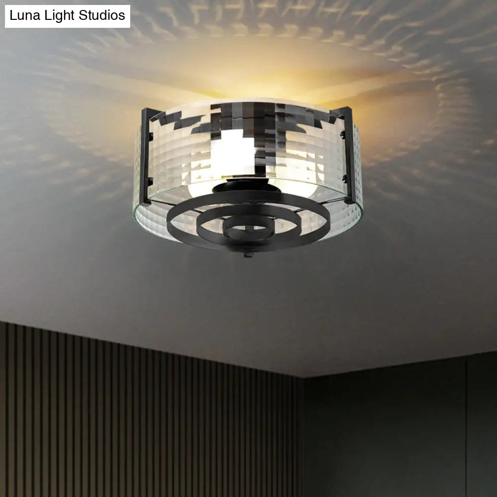 Modernist Black Glass Round Flushmount - Clear Trellis/Stripe 3 Bulbs Bedroom Flush Mounted Light