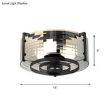 Modernist Black Glass Round Flushmount - Clear Trellis/Stripe 3 Bulbs Bedroom Flush Mounted Light
