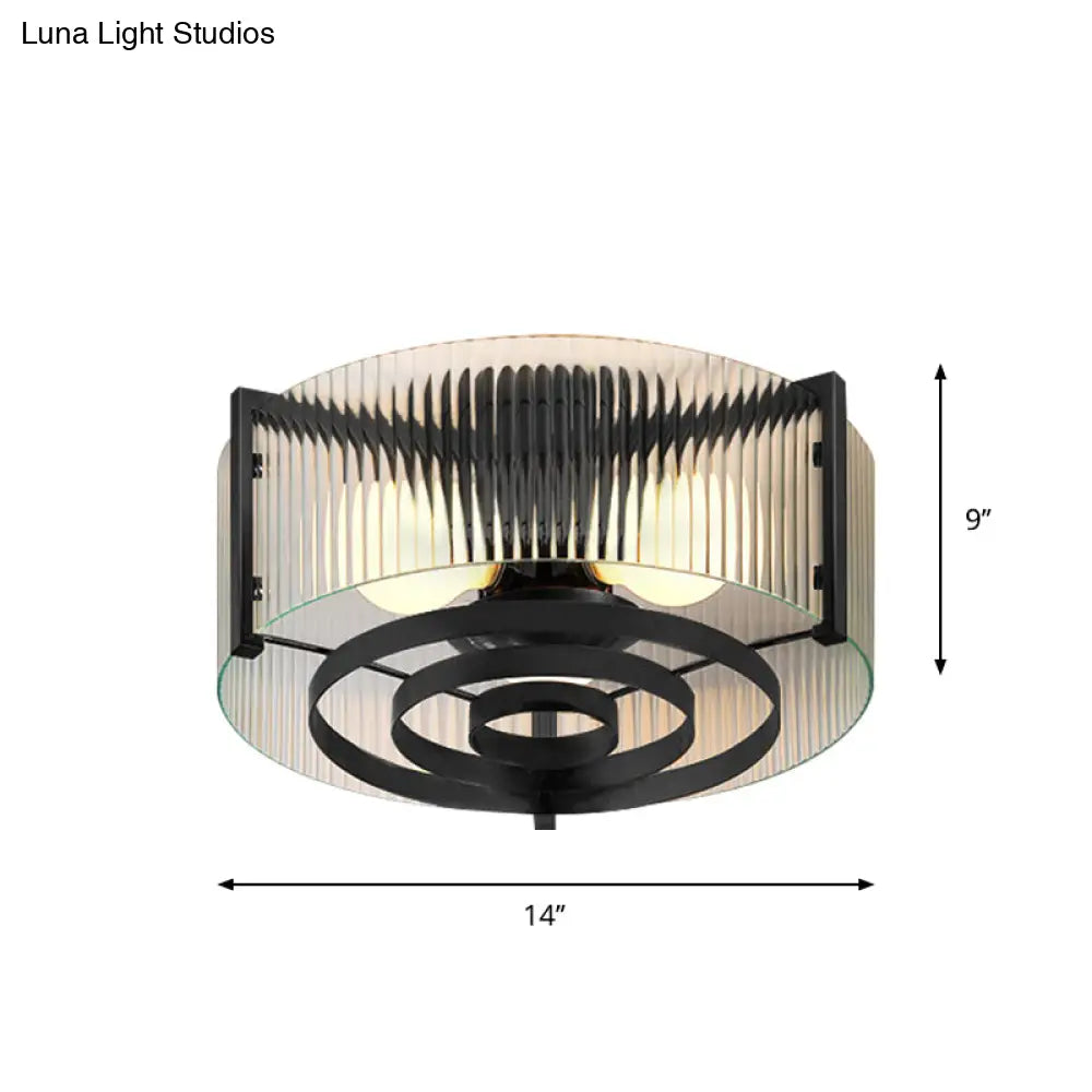 Modernist Black Glass Round Flushmount - Clear Trellis/Stripe 3 Bulbs Bedroom Flush Mounted Light