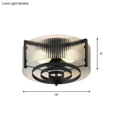 Modernist Black Glass Round Flushmount - Clear Trellis/Stripe 3 Bulbs Bedroom Flush Mounted Light