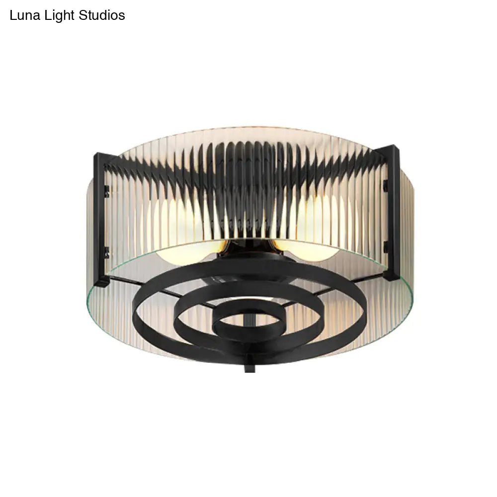 Modernist Black Glass Round Flushmount - Clear Trellis/Stripe 3 Bulbs Bedroom Flush Mounted Light