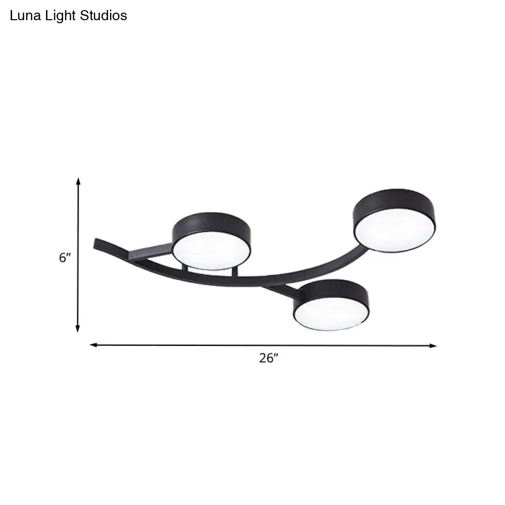 Modernist Black Led Semi - Flush Mount Ceiling Fixture With Metallic Small Drum And Branch Design