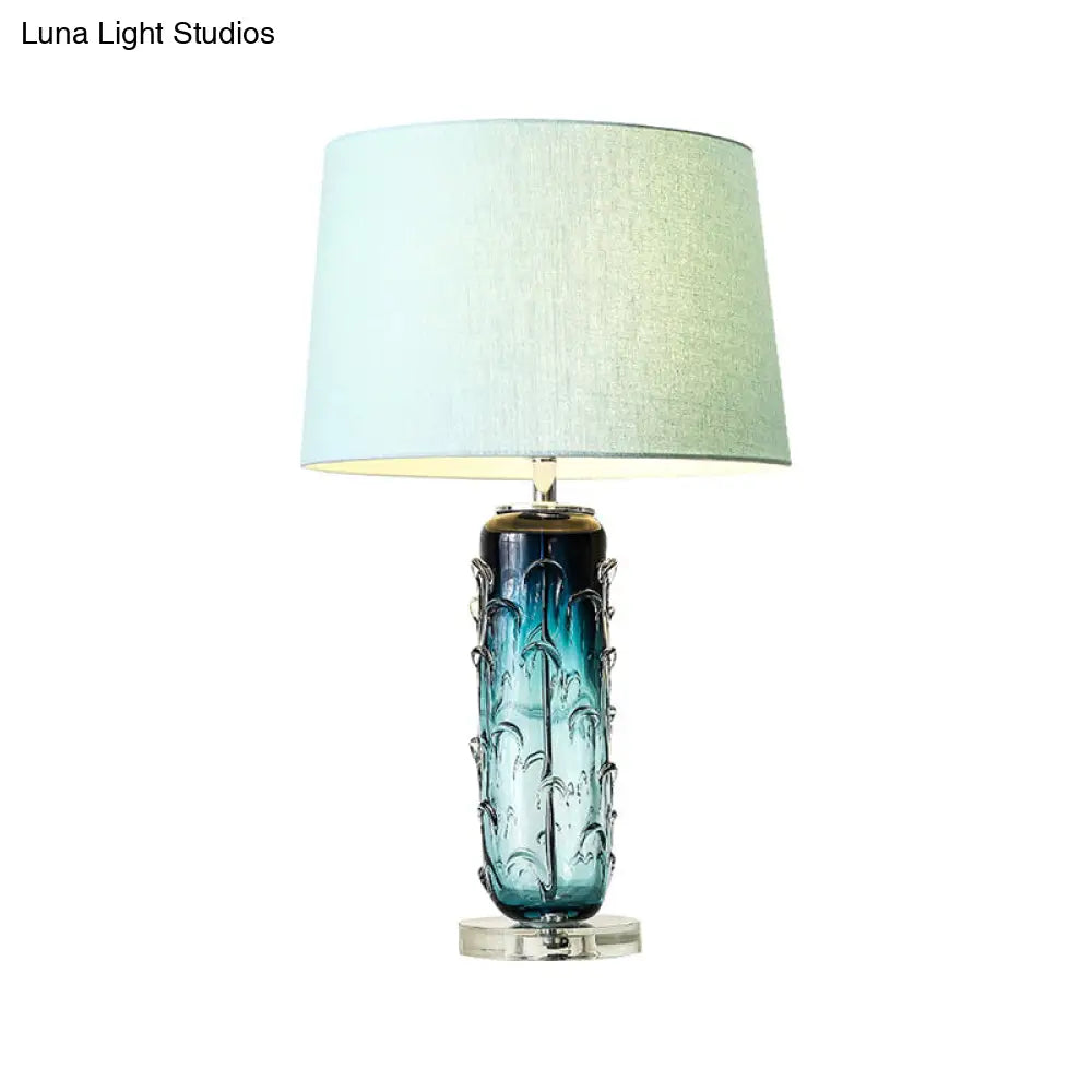 Modernist Blue Reading Lamp With Crystal Base: Tapered Drum Fabric Task Light