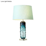 Modernist Blue Reading Lamp With Crystal Base: Tapered Drum Fabric Task Light