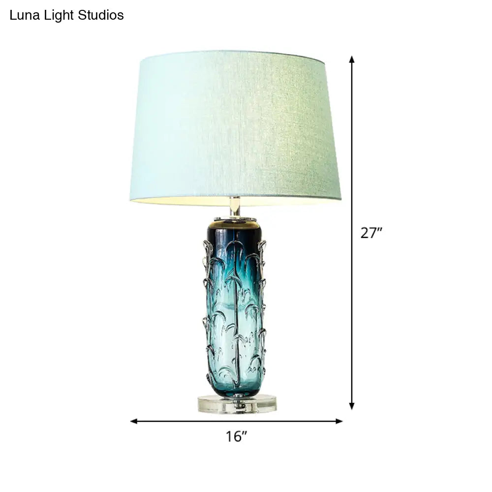 Modernist Blue Reading Lamp With Crystal Base: Tapered Drum Fabric Task Light