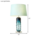 Modernist Blue Reading Lamp With Crystal Base: Tapered Drum Fabric Task Light