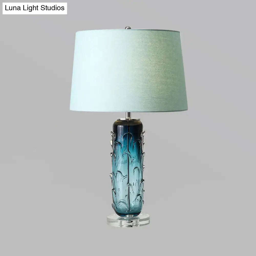 Modernist Blue Reading Lamp With Crystal Base: Tapered Drum Fabric Task Light