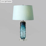 Modernist Blue Reading Lamp With Crystal Base: Tapered Drum Fabric Task Light