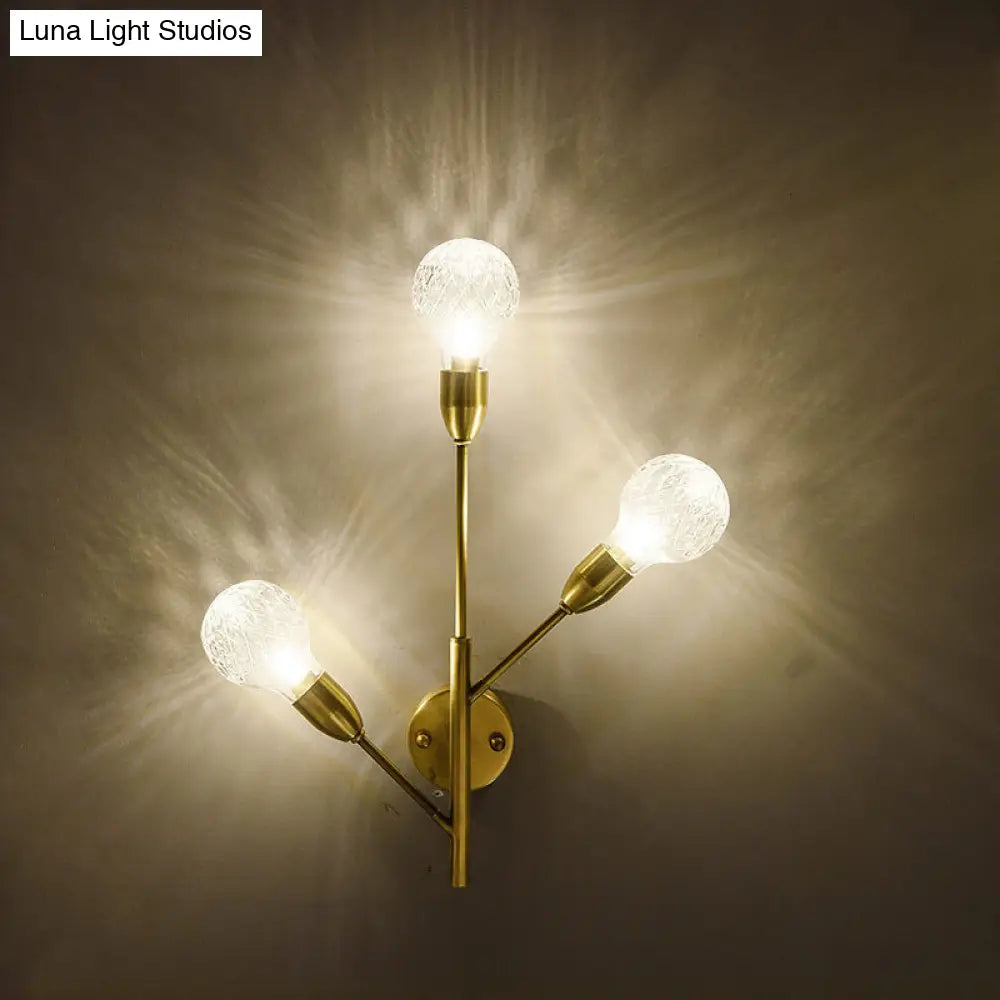 Modernist Brass Armed Sconce Lamp Wall Mount Light Fixure With Prismatic Glass Ball Shade - 3 Bulbs