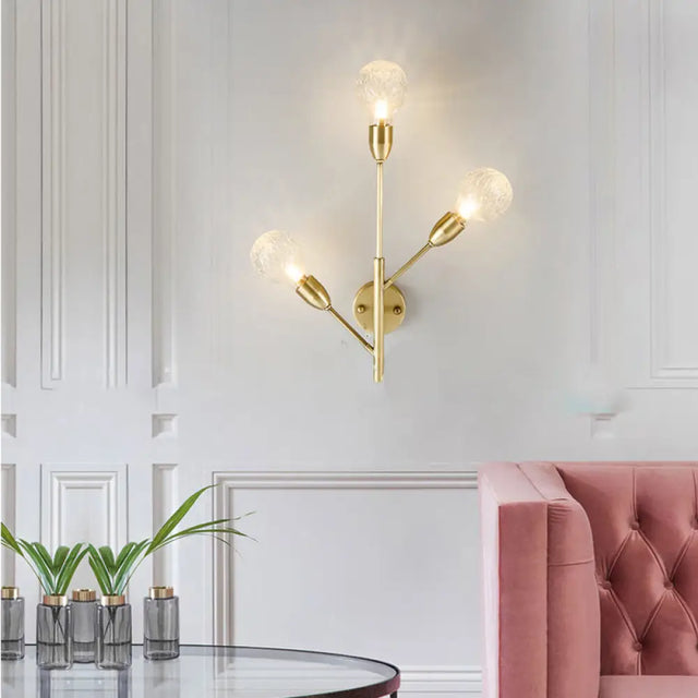 Modernist Brass Armed Sconce Lamp Wall Mount Light Fixure With Prismatic Glass Ball Shade - 3 Bulbs