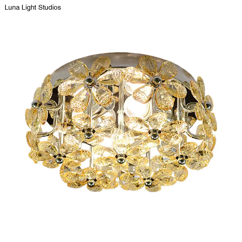 Modernist Chrome Blossom Flush Mount Lighting - 4 Bulbs Clear/Amber Crystal Ceiling Light