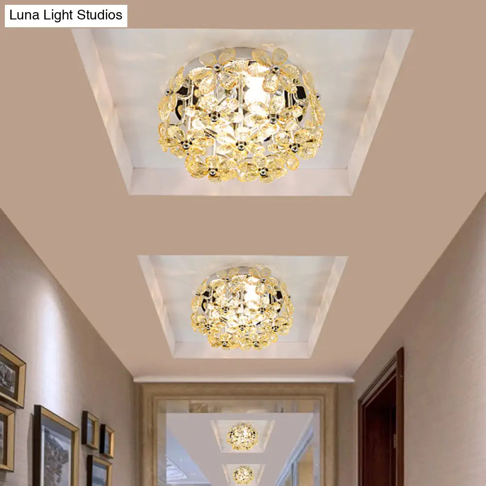 Modernist Chrome Blossom Flush Mount Lighting - 4 Bulbs Clear/Amber Crystal Ceiling Light
